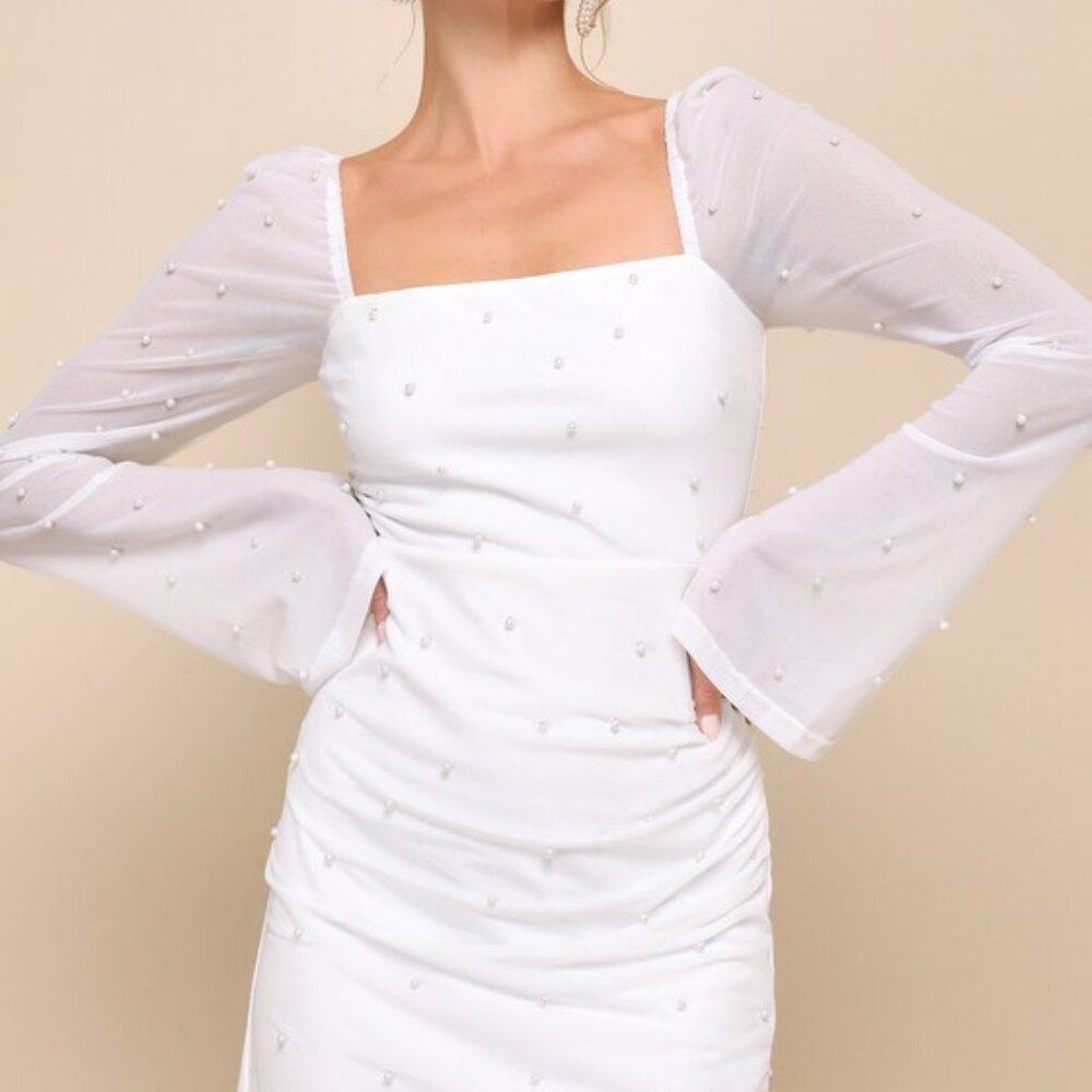Lulus Flirty Luxury Ivory Mesh Pearl Long Sleeve Mini Dress White - Size XS
